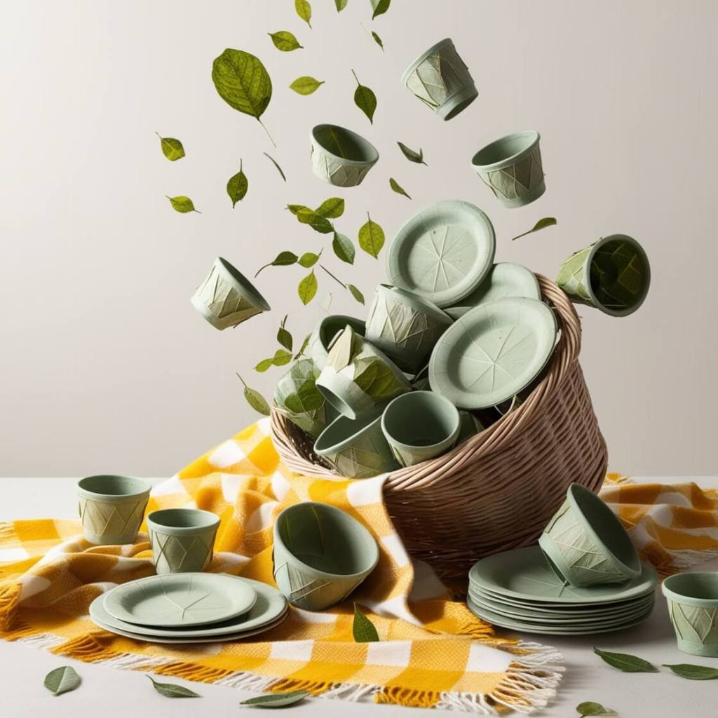 biodegradable picnic supplies leaping out of wicker basket tumbling on to checkered blanket