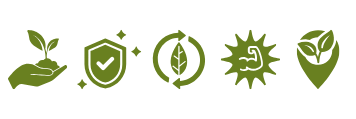 icons showing hand holding growing plant, shield with check mark, leaf with circular arrows surrounding, strong arm flexing muscle, and leaf composed location marker