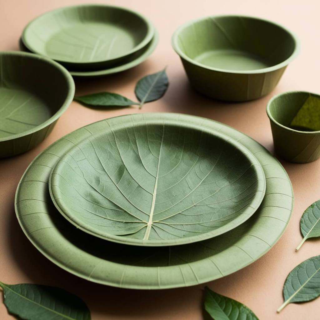 biodegradable plates and cups and bowls made from leaves 