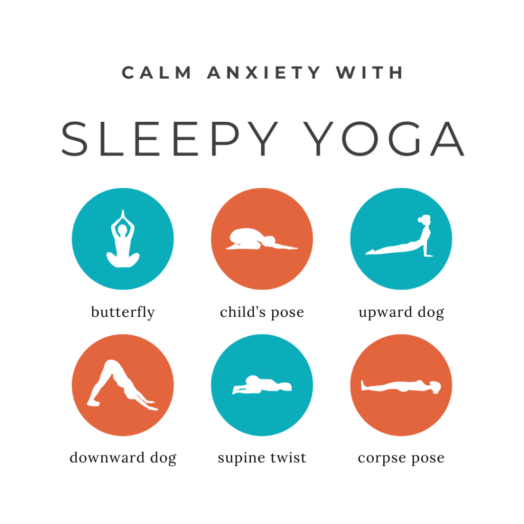 Instagram post of yoga poses to promote relaxation: butterfly, child's pose, upward dog, downward dog, supine twist, and corpse pose