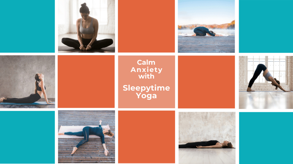 Twiiter/X post of yoga poses to promote relaxation: butterfly, child's pose, upward dog, downward dog, supine twist, and corpse pose